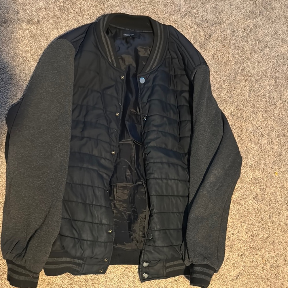 Ring of Fire Black and Gray Bomber Jacket with Quilted Front